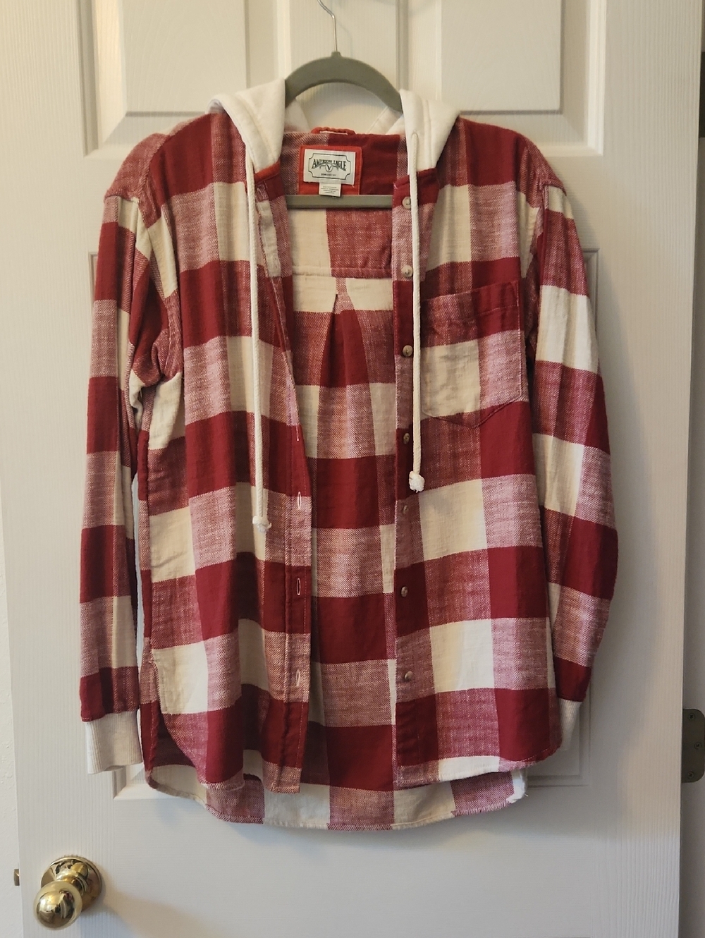 American Eagle Outfitters Red & White Buffalo Plaid  Flannel Hoodie Button-Down